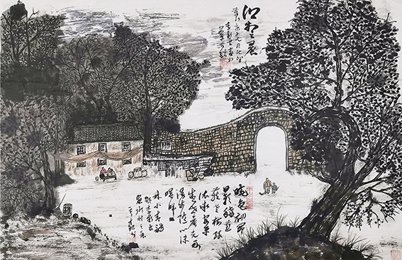 颜才现题  李彩云画  林小青诗《乡村之晨》  草书释文：晓色初开日影稀，葱茏老树绿依微。安平盛世晨光好，漫步随心沐曙晖。2020.11.01